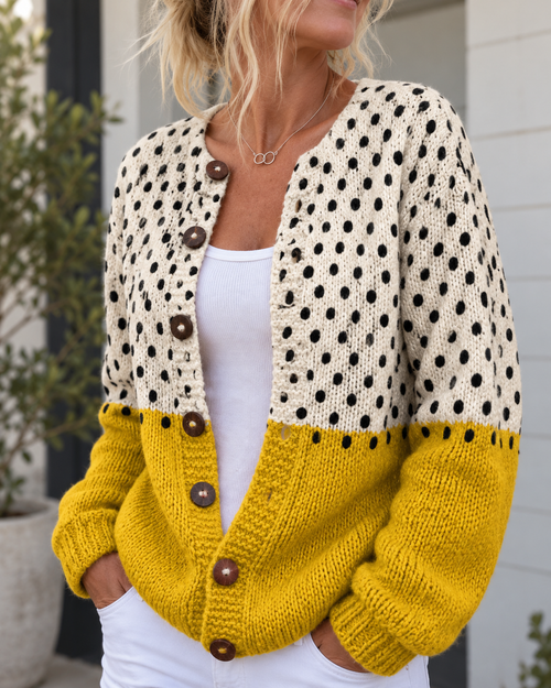 Kacob | Women's Polka Dot Print Knitted Cardigan – Button Up Layering Knit