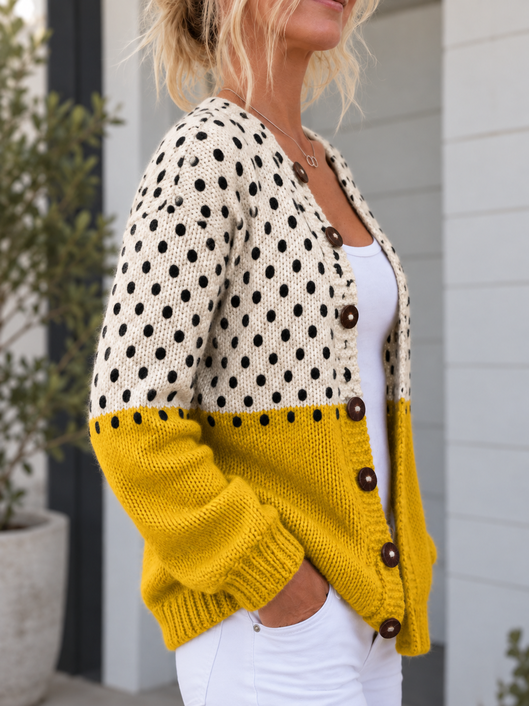Kacob | Women's Polka Dot Print Knitted Cardigan – Button Up Layering Knit