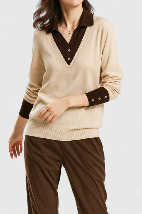 Kacob | Women's Polo Collar V-Neck Jumper – Ribbed Button Cuff Pullover