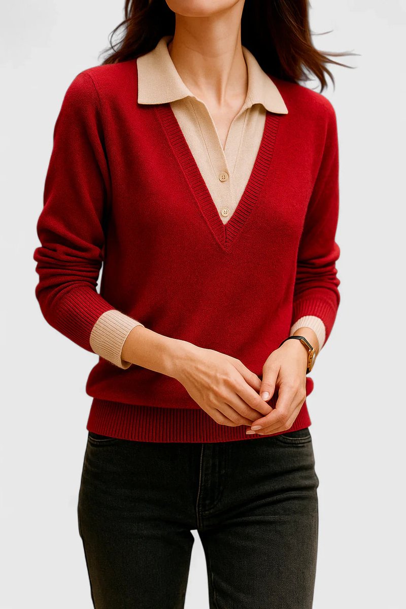 Kacob | Women's Polo Collar V-Neck Jumper – Ribbed Button Cuff Pullover