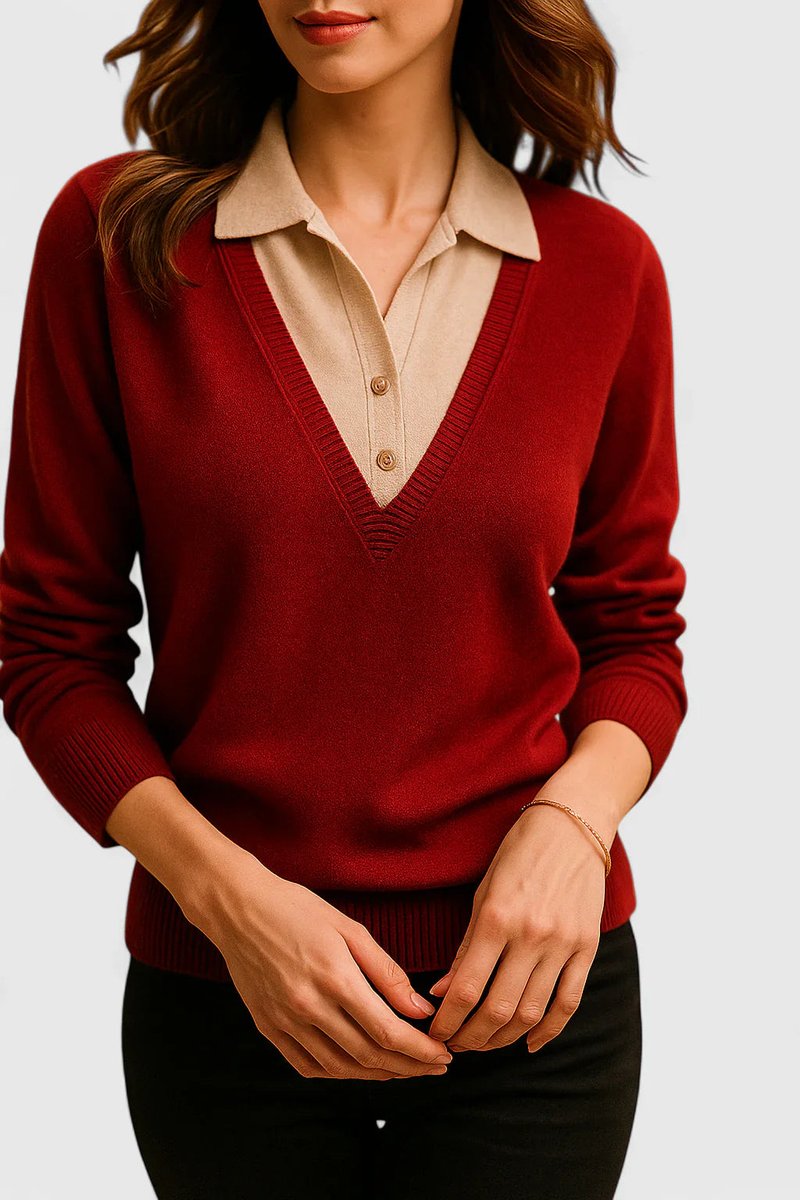 Kacob | Women's Polo Collar V-Neck Jumper – Ribbed Button Cuff Pullover