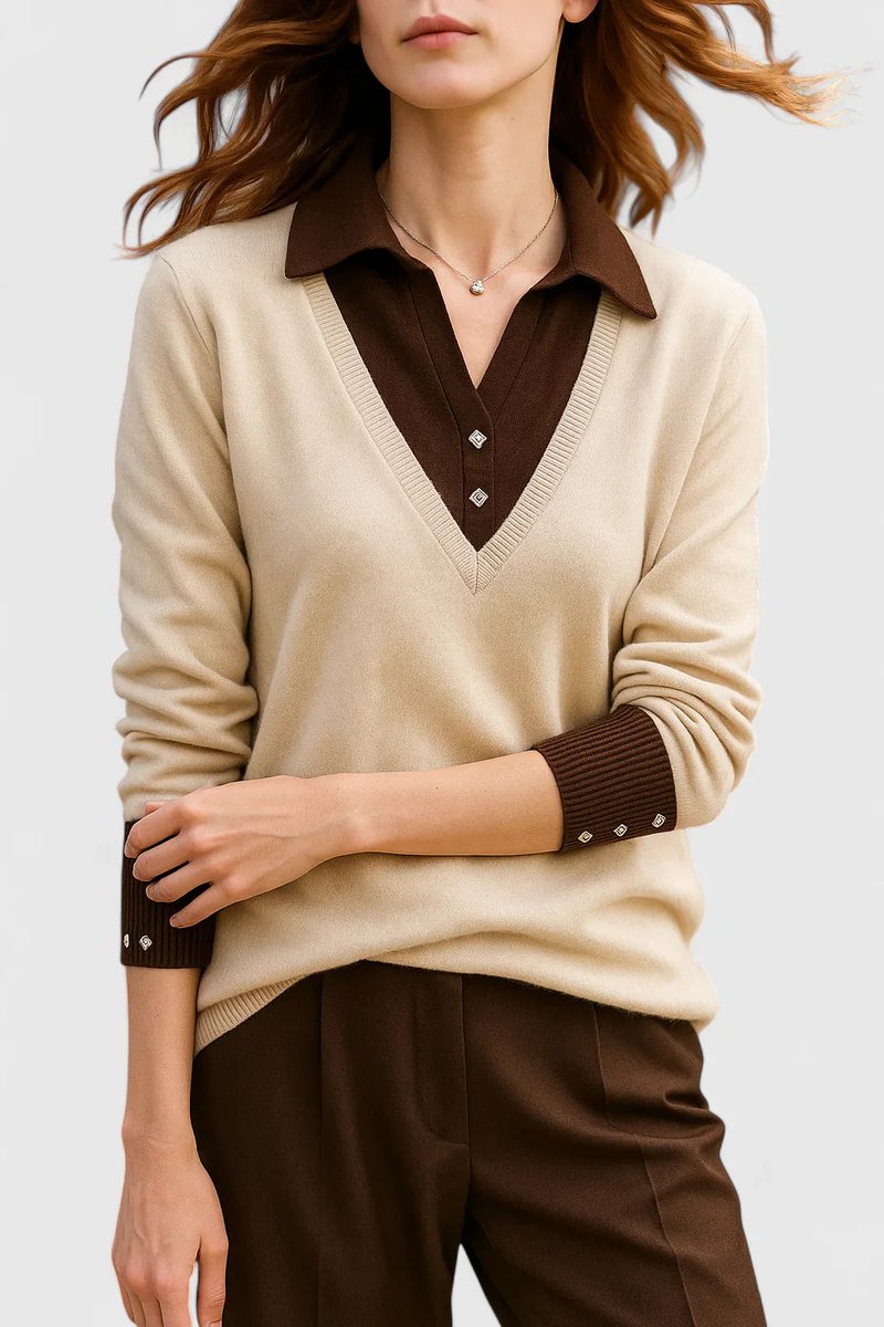 Kacob | Women's Polo Collar V-Neck Jumper – Ribbed Button Cuff Pullover
