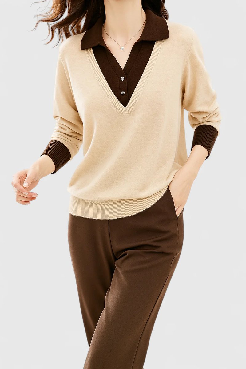 Kacob | Women's Polo Collar V-Neck Jumper – Ribbed Button Cuff Pullover
