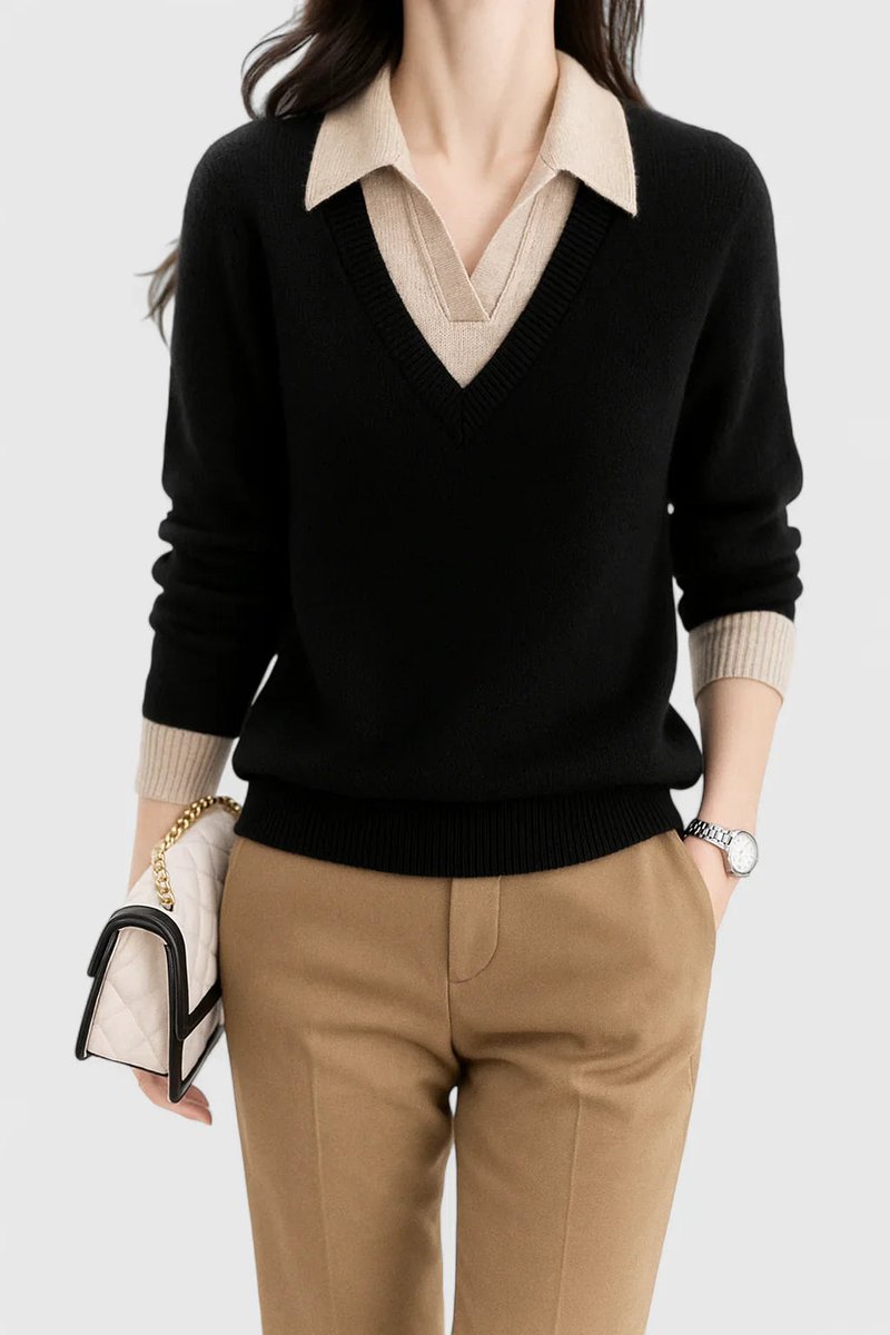 Kacob | Women's Polo Collar V-Neck Jumper – Ribbed Button Cuff Pullover
