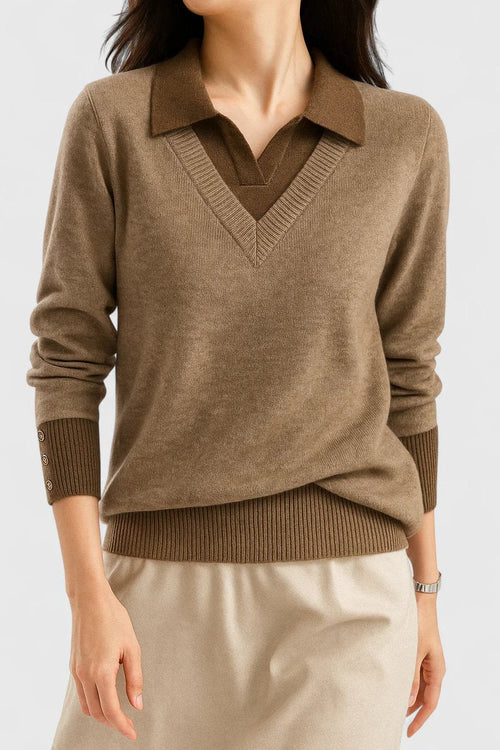Kacob | Women's Polo Collar V-Neck Jumper – Ribbed Button Cuff Pullover