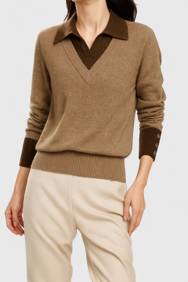 Kacob | Women's Polo Collar V-Neck Jumper – Ribbed Button Cuff Pullover