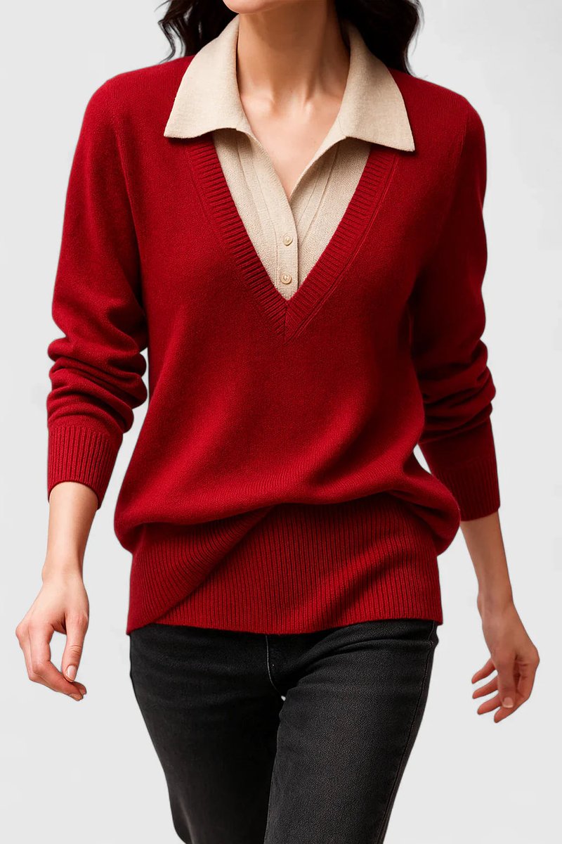 Kacob | Women's Polo Collar V-Neck Jumper – Ribbed Button Cuff Pullover