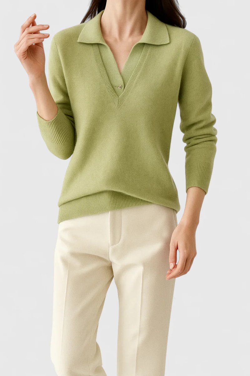 Kacob | Women's Polo Collar V-Neck Jumper – Ribbed Button Cuff Pullover