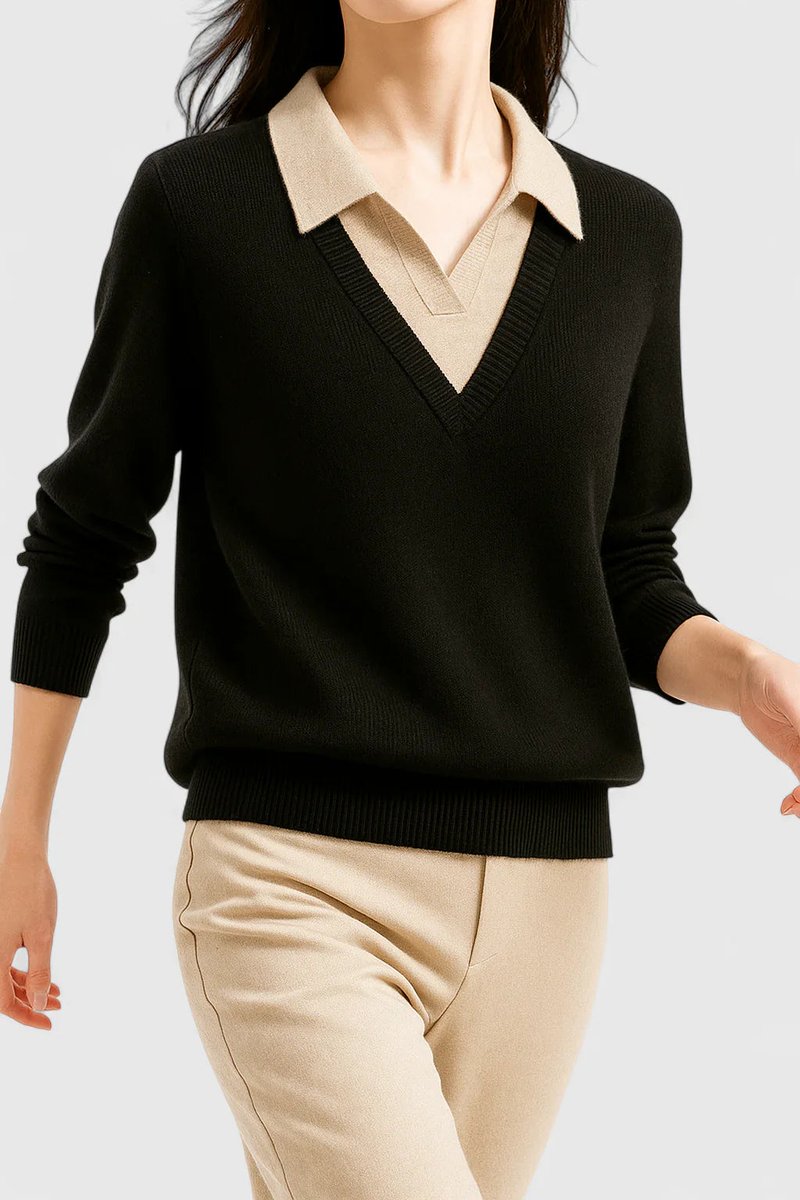 Kacob | Women's Polo Collar V-Neck Jumper – Ribbed Button Cuff Pullover