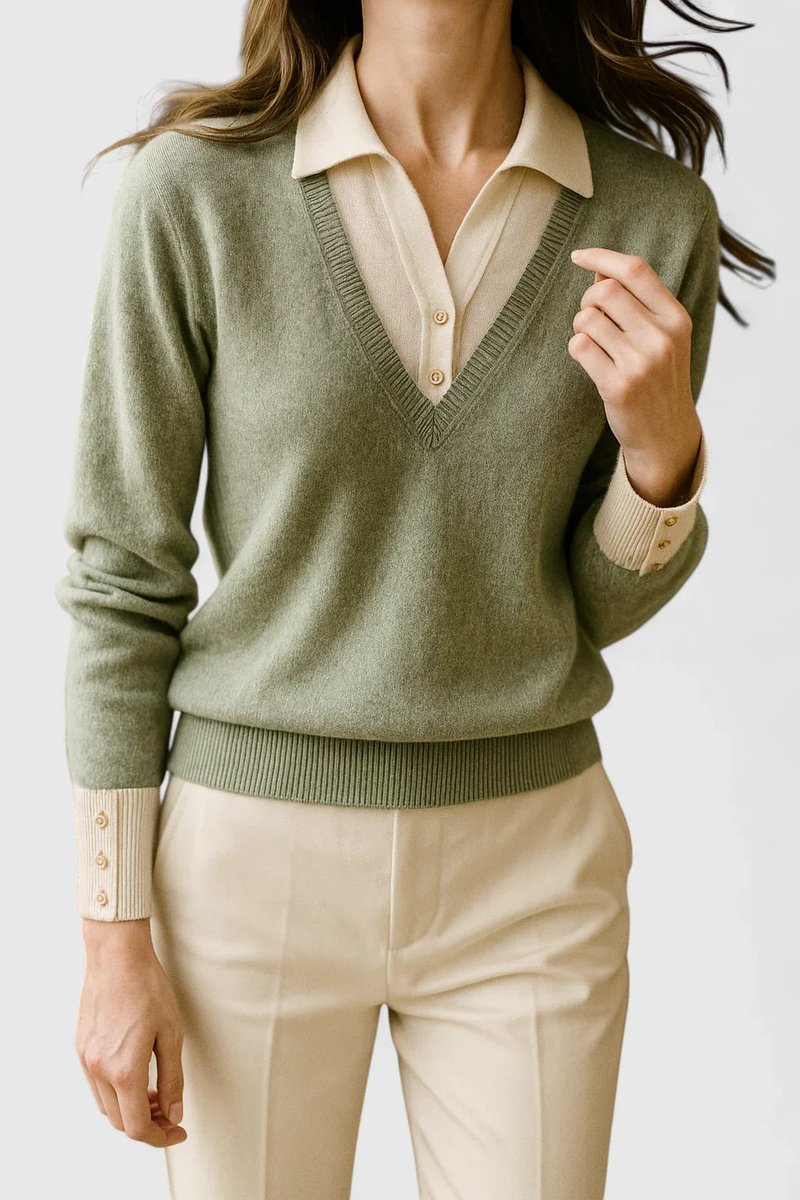 Kacob | Women's Polo Collar V-Neck Jumper – Ribbed Button Cuff Pullover