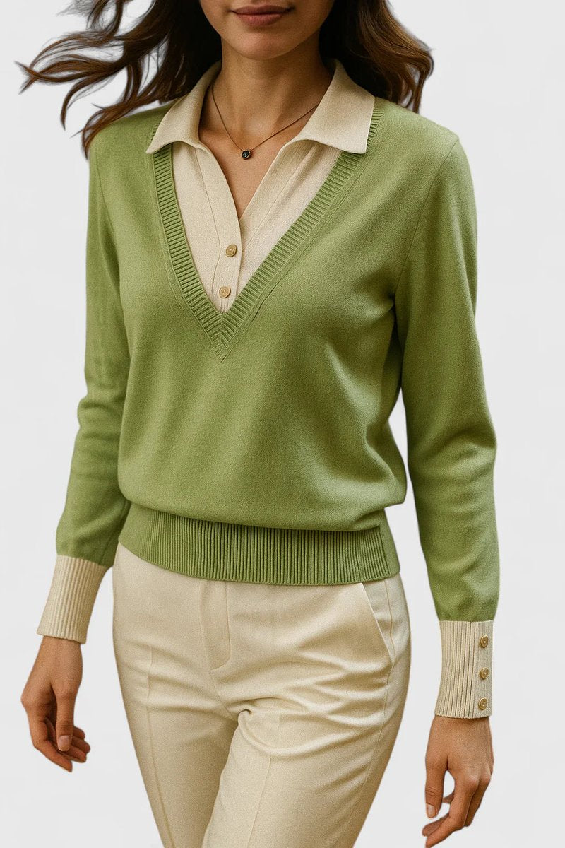 Kacob | Women's Polo Collar V-Neck Jumper – Ribbed Button Cuff Pullover