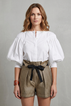 Women's Puff Sleeve Blouse – Voluminous Short Puff Sleeve Button Detail Blouse