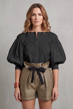 Women's Puff Sleeve Blouse – Voluminous Short Puff Sleeve Button Detail Blouse