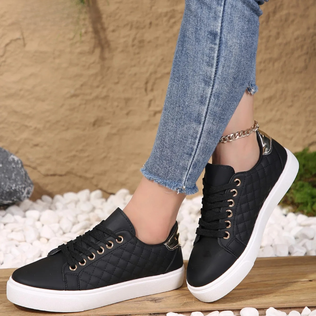 Women's Quilted Lace-Up Trainers – Gold Trim