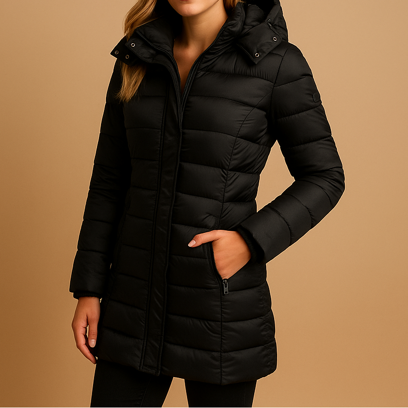 Women's Quilted Hooded Puffer Jacket – Slim Fit Mid Length Padded Coat with Zip Pockets