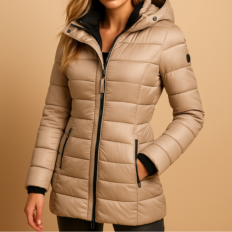 Women's Quilted Hooded Puffer Jacket – Slim Fit Mid Length Padded Coat with Zip Pockets
