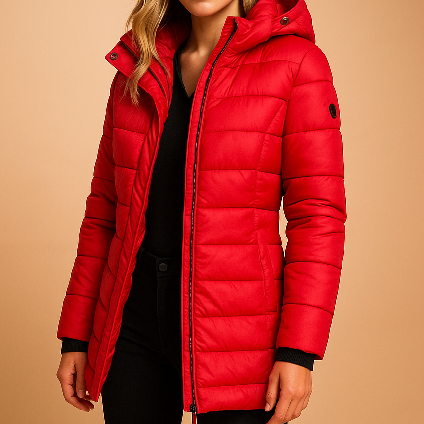 Women's Quilted Hooded Puffer Jacket – Slim Fit Mid Length Padded Coat with Zip Pockets
