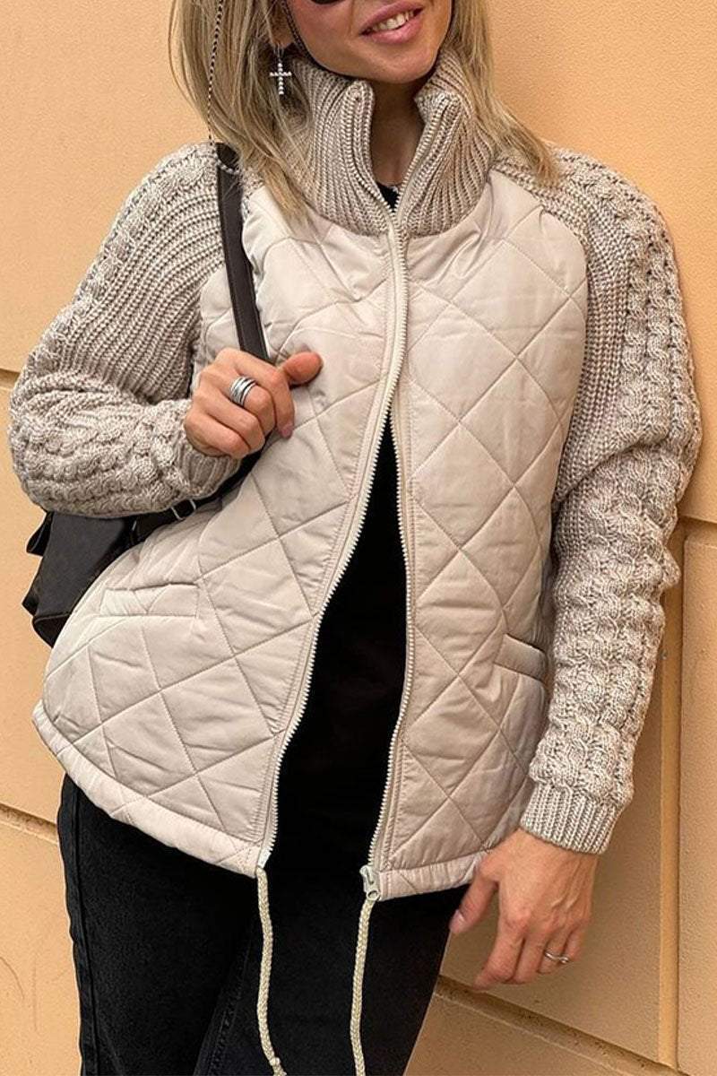 Kacob | Women's Quilted Jacket with Knit Sleeves – Zip Up Cable Sleeve Coat