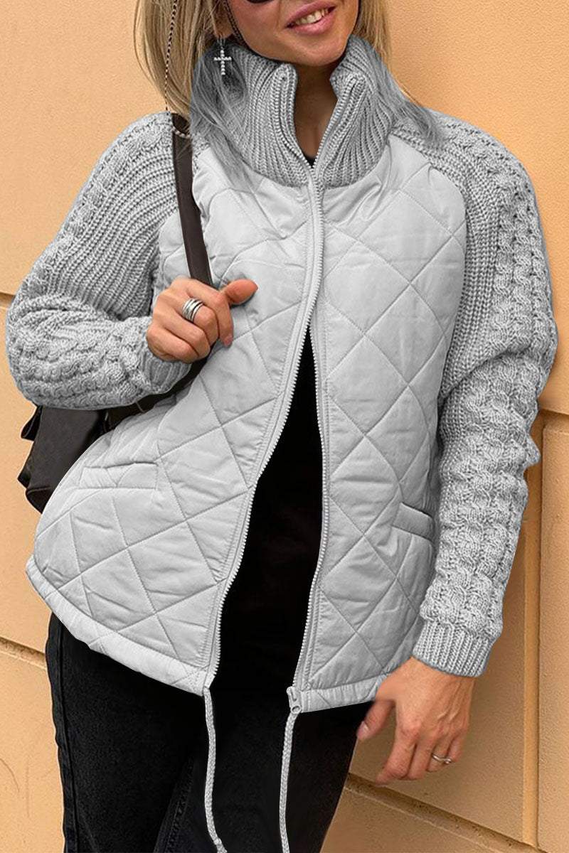 Kacob | Women's Quilted Jacket with Knit Sleeves – Zip Up Cable Sleeve Coat