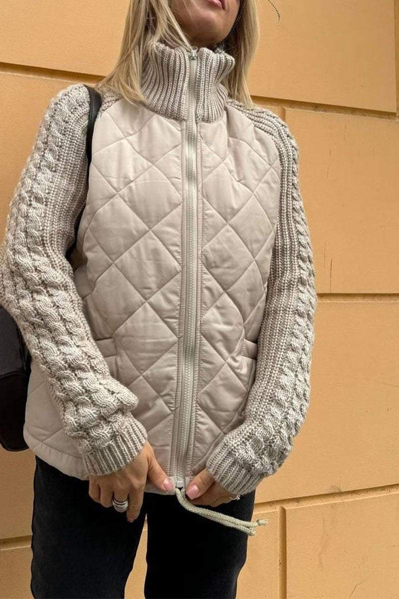Kacob | Women's Quilted Jacket with Knit Sleeves – Zip Up Cable Sleeve Coat
