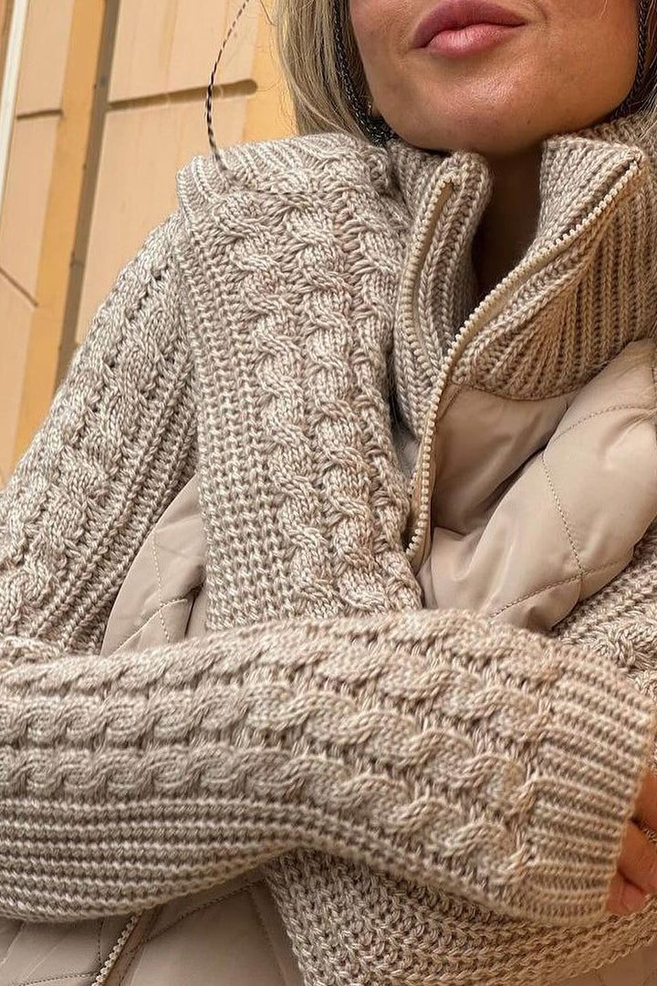 Kacob | Women's Quilted Jacket with Knit Sleeves – Zip Up Cable Sleeve Coat