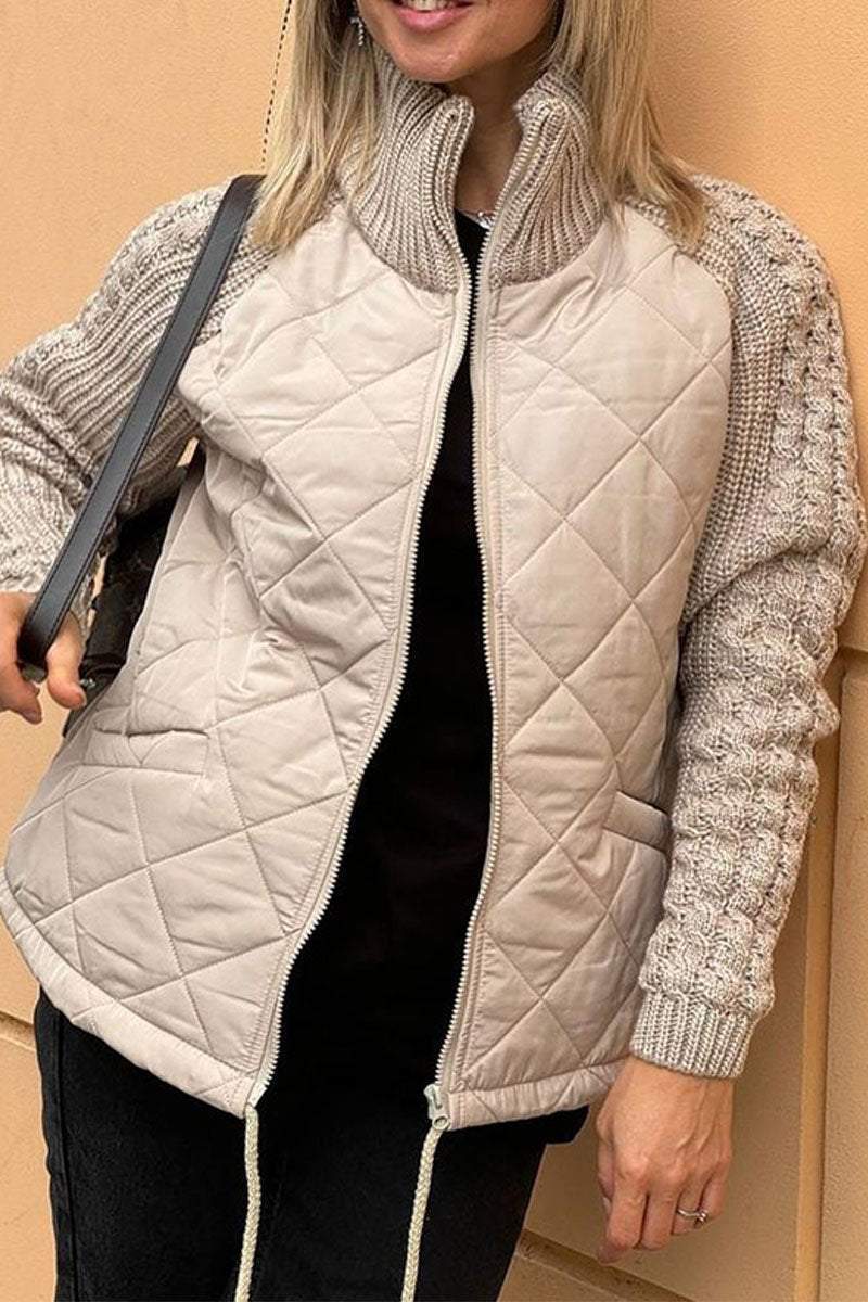 Kacob | Women's Quilted Jacket with Knit Sleeves – Zip Up Cable Sleeve Coat