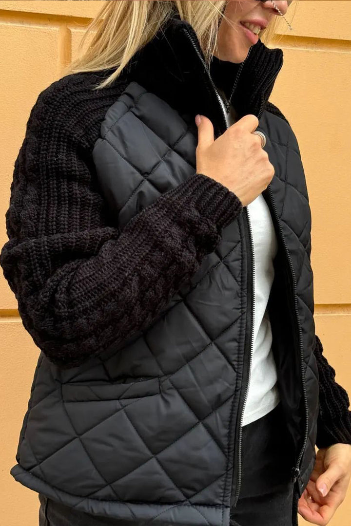 Kacob | Women's Quilted Jacket with Knit Sleeves – Zip Up Cable Sleeve Coat