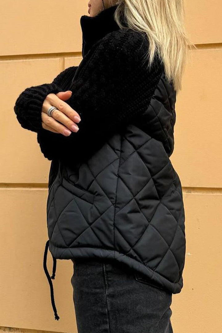 Kacob | Women's Quilted Jacket with Knit Sleeves – Zip Up Cable Sleeve Coat
