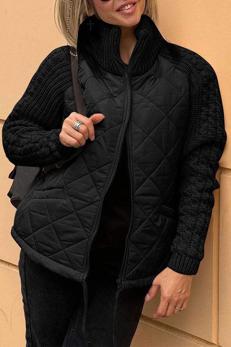 Kacob | Women's Quilted Jacket with Knit Sleeves – Zip Up Cable Sleeve Coat