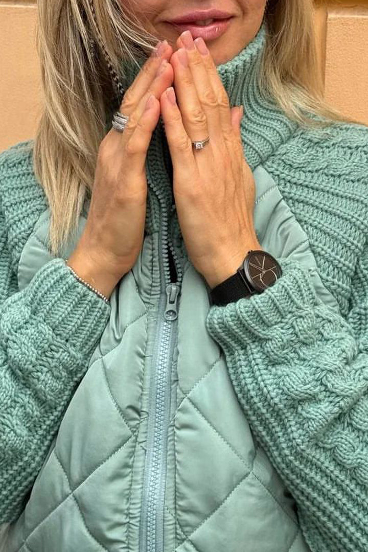 Kacob | Women's Quilted Jacket with Knit Sleeves – Zip Up Cable Sleeve Coat