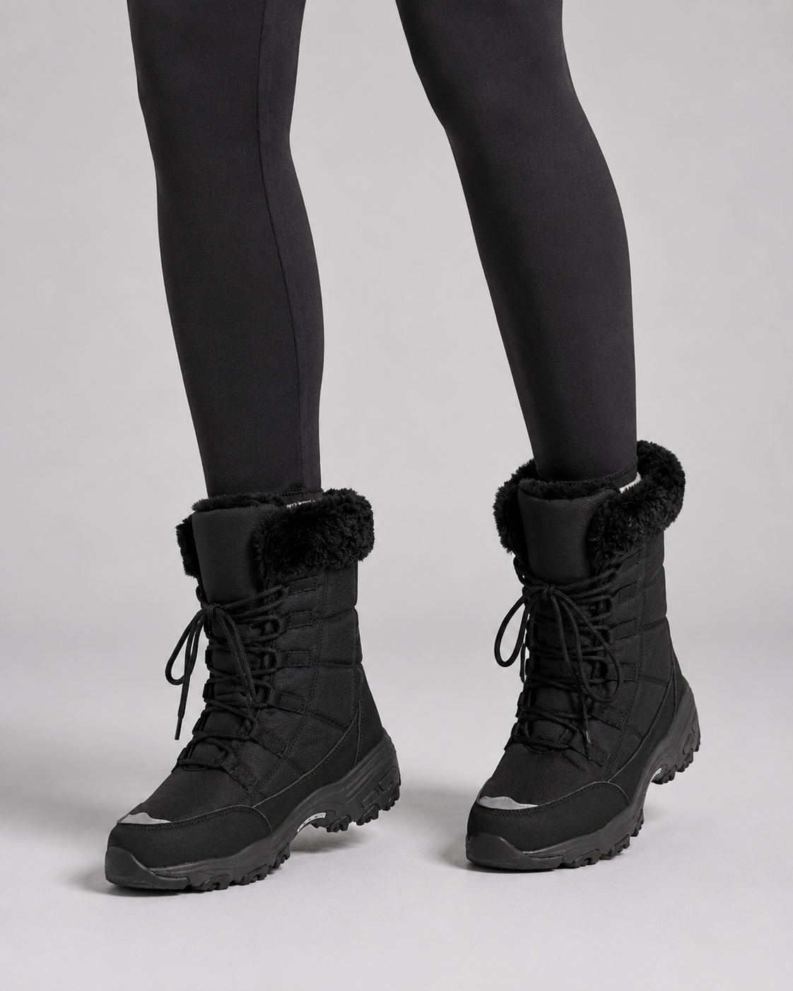 Women's Quilted Snow Boots – Faux Fur Cuff Lace Up Winter Boots with Chunky Sole