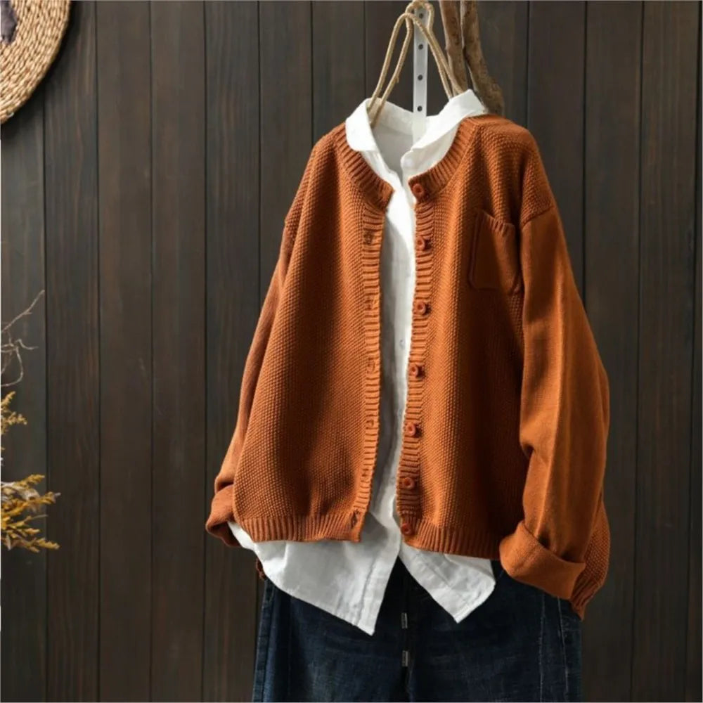 Women's Relaxed Fit Button Front Knit Cardigan – Round Neck Slouchy Knit with Pocket