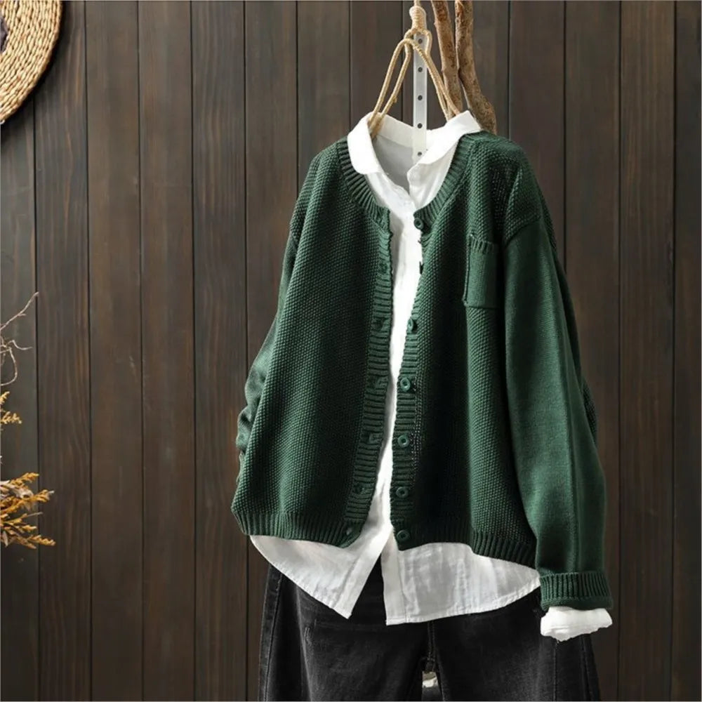 Women's Relaxed Fit Button Front Knit Cardigan – Round Neck Slouchy Knit with Pocket