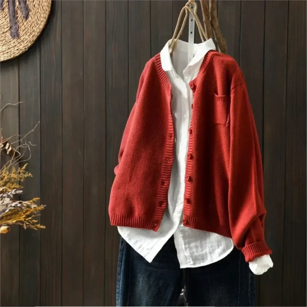 Women's Relaxed Fit Button Front Knit Cardigan – Round Neck Slouchy Knit with Pocket