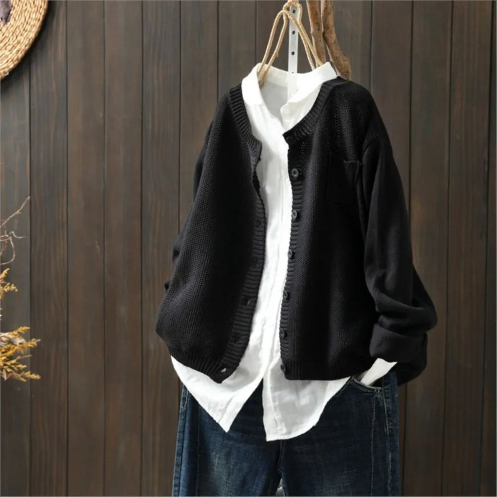 Women's Relaxed Fit Button Front Knit Cardigan – Round Neck Slouchy Knit with Pocket