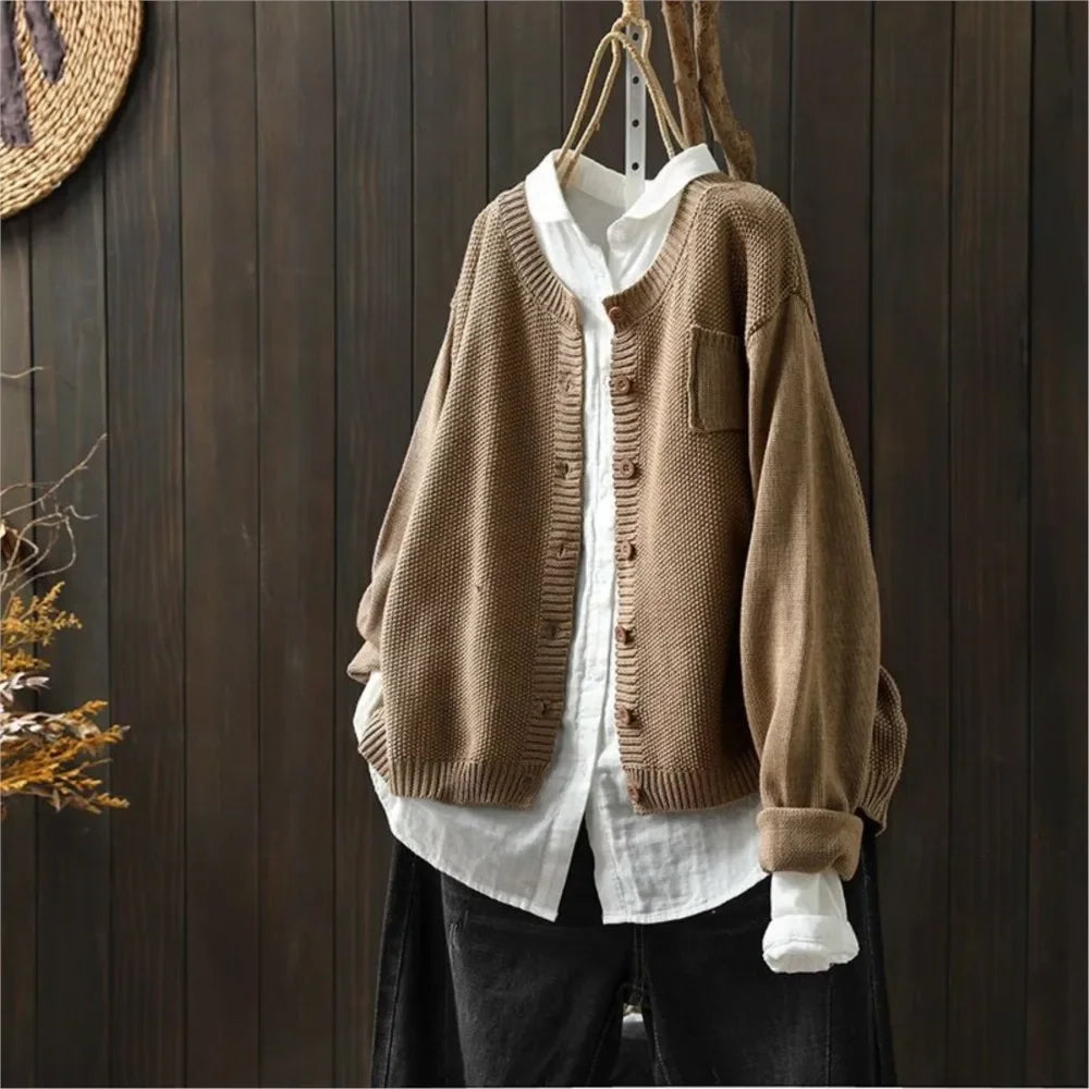 Women's Relaxed Fit Button Front Knit Cardigan – Round Neck Slouchy Knit with Pocket