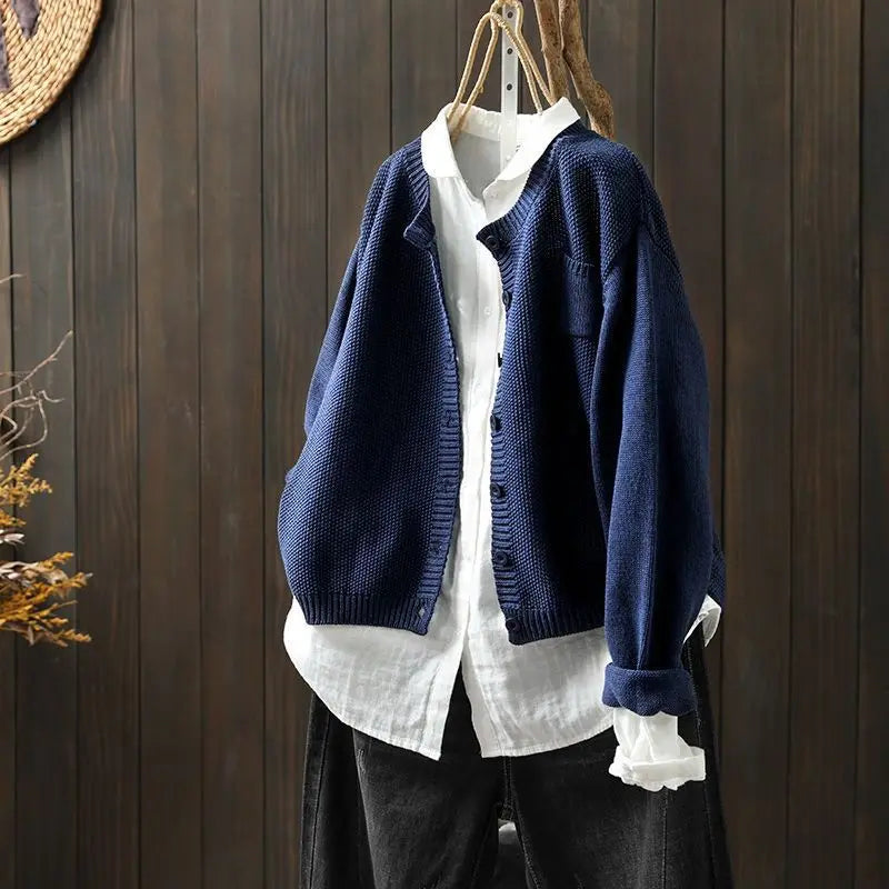Women's Relaxed Fit Button Front Knit Cardigan – Round Neck Slouchy Knit with Pocket