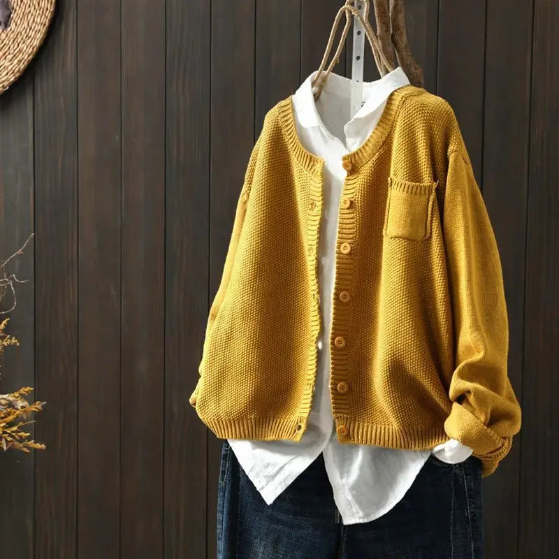 Women's Relaxed Fit Button Front Knit Cardigan – Round Neck Slouchy Knit with Pocket