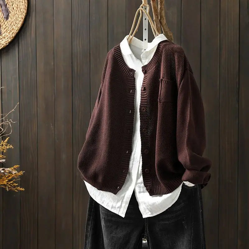 Women's Relaxed Fit Button Front Knit Cardigan – Round Neck Slouchy Knit with Pocket