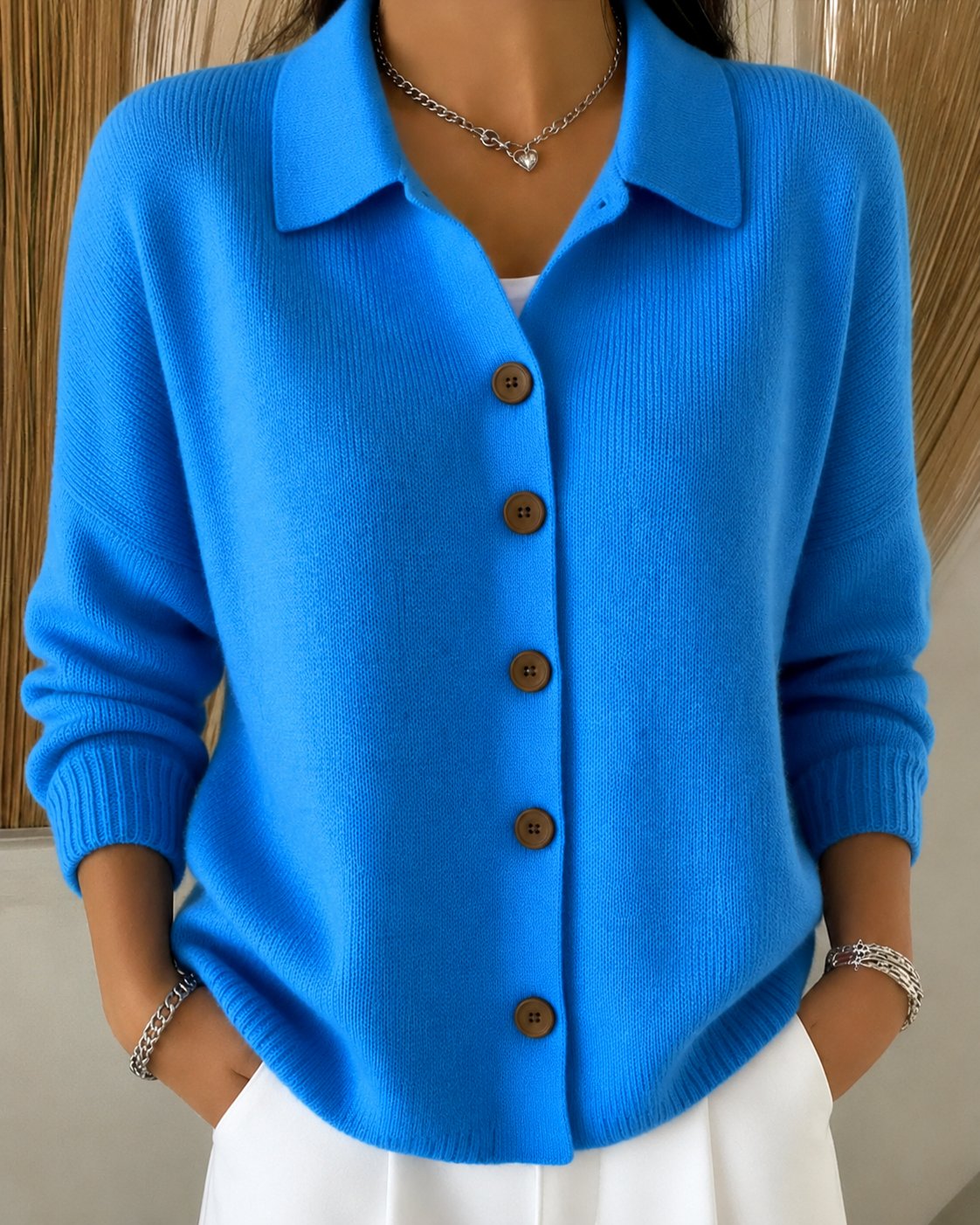 Women's Relaxed Fit Button Up Collared Knit Cardigan – Fine Knit Polo Collar Layer