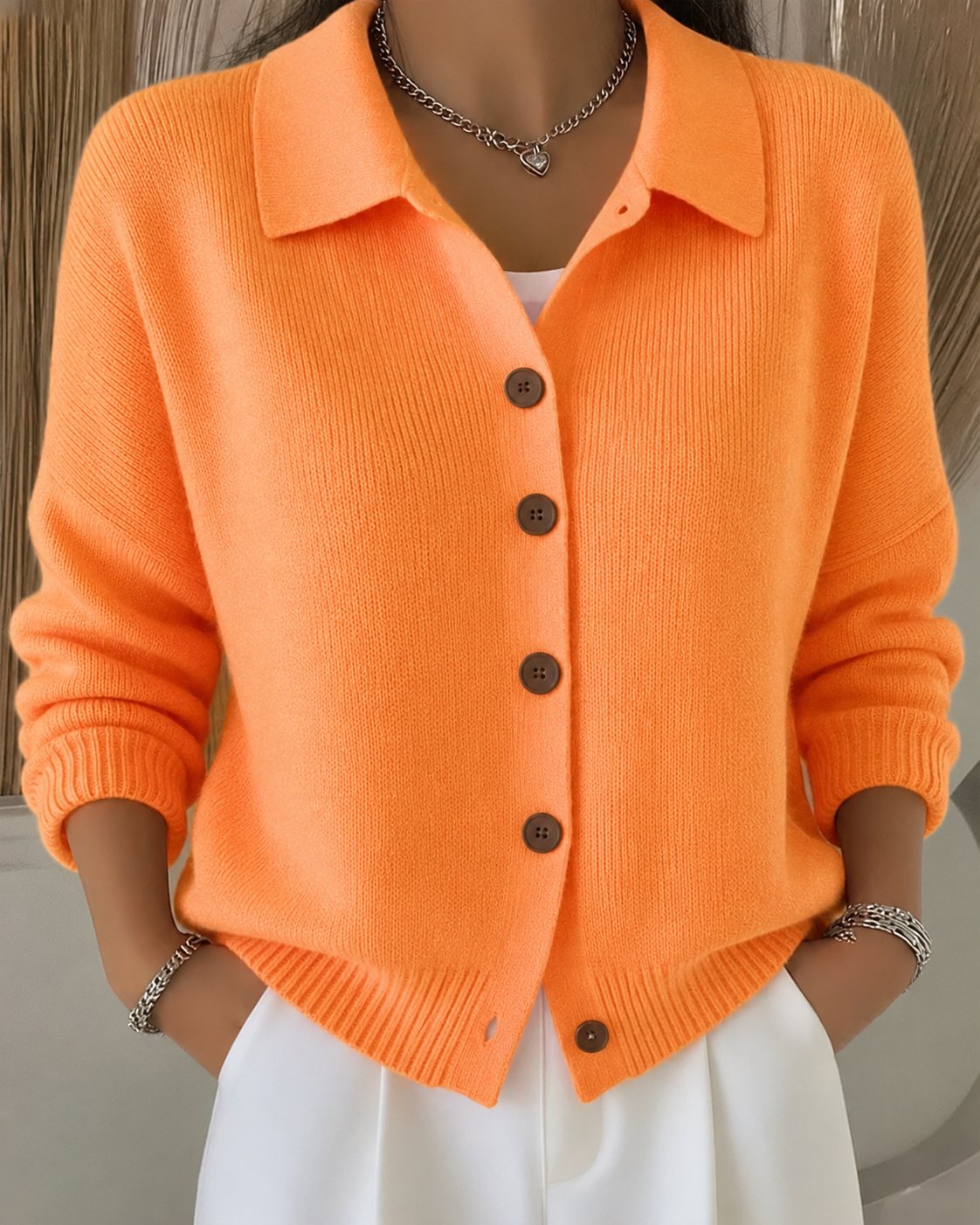 Women's Relaxed Fit Button Up Collared Knit Cardigan – Fine Knit Polo Collar Layer