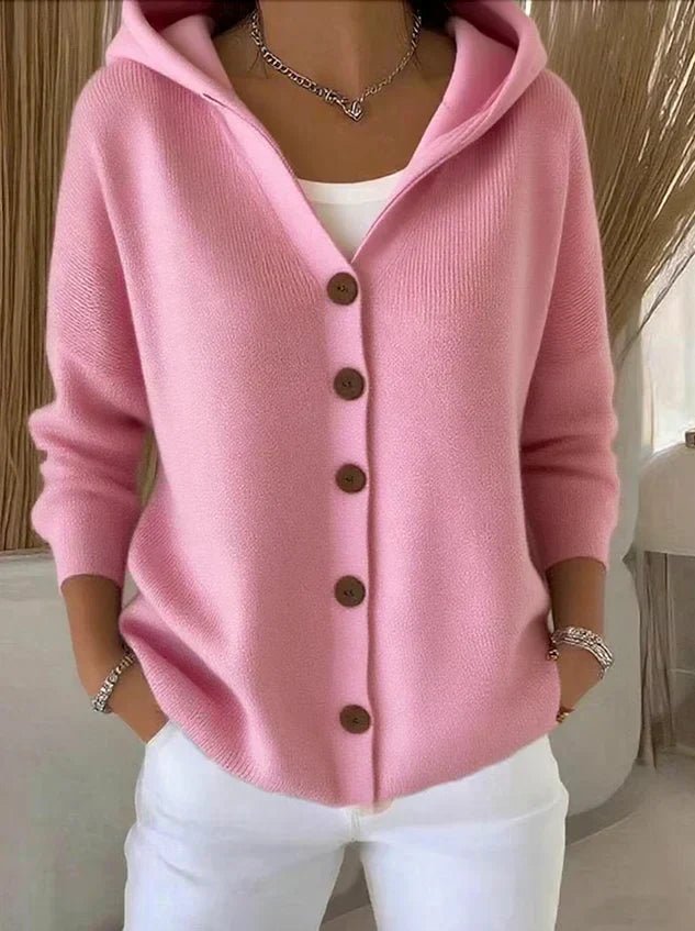 Women's Relaxed Fit Hooded Button Front Knit Cardigan – Smooth Knit V Neck Hoodie