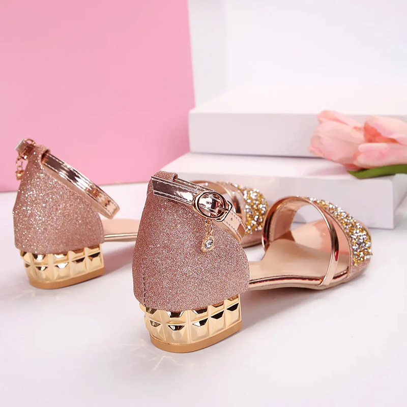 Women's Rhinestone Low Block Heel Sandals – Chain Ankle Strap Glitter Party Sandals