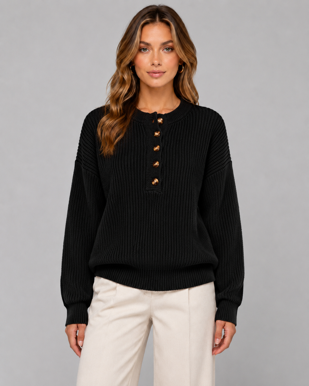 Women's Ribbed Henley Jumper – Button Neck