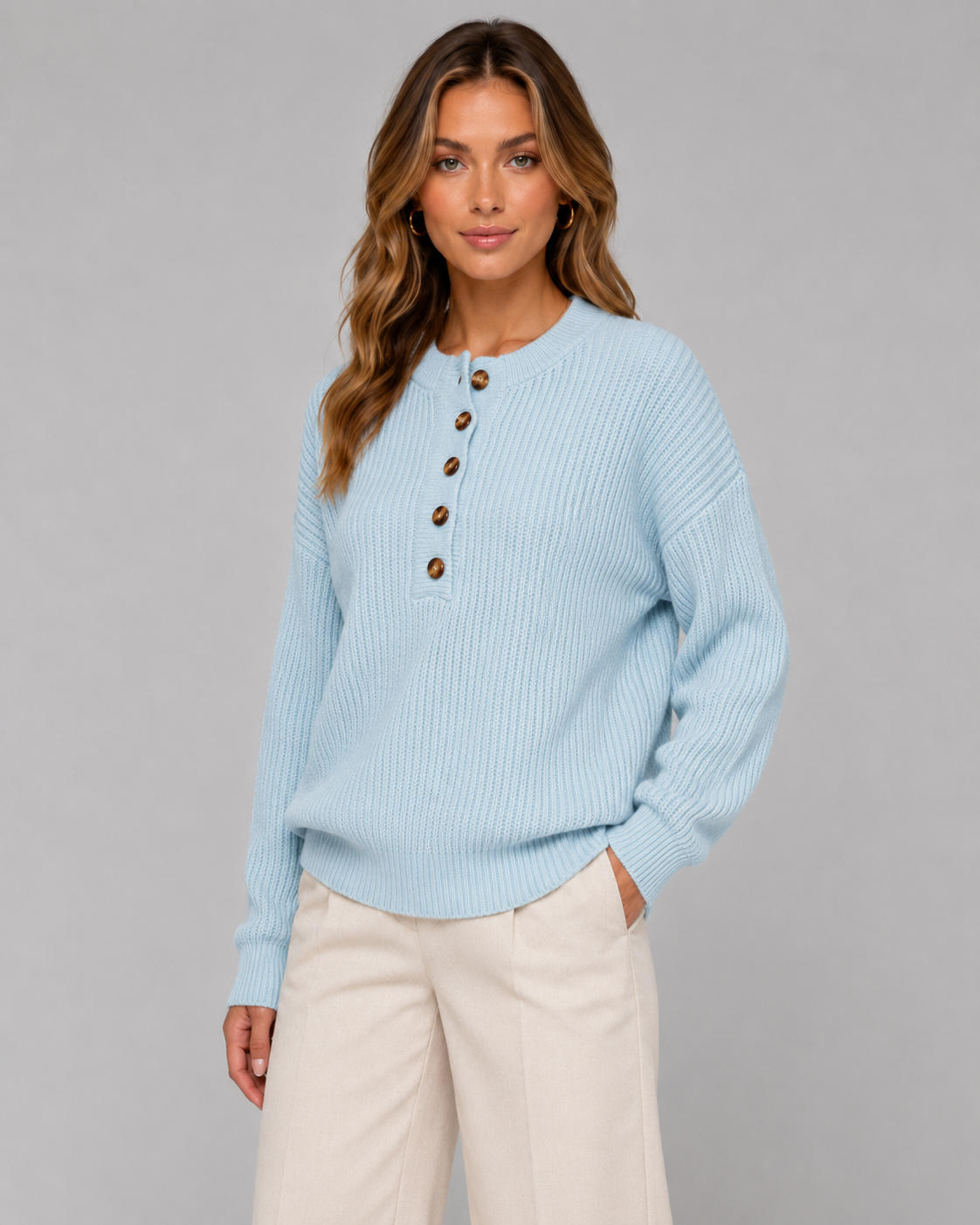 Women's Ribbed Henley Jumper – Button Neck