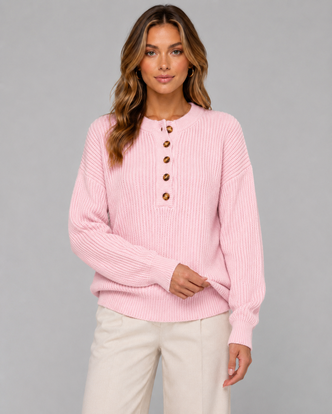 Women's Ribbed Henley Jumper – Button Neck