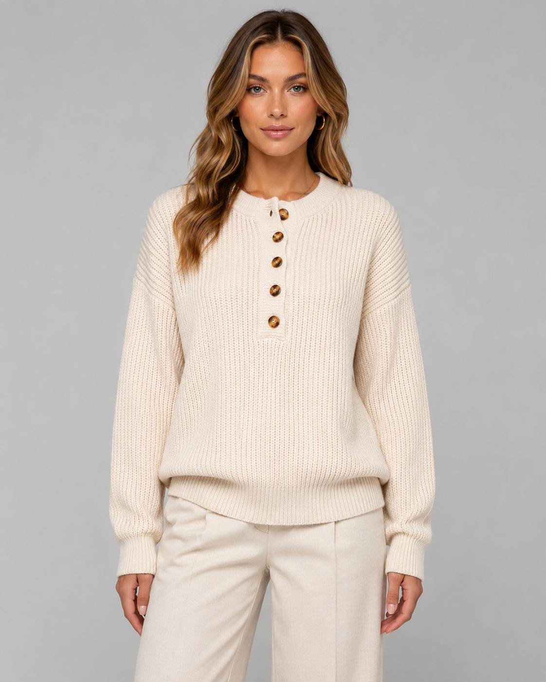 Women's Ribbed Henley Jumper – Button Neck