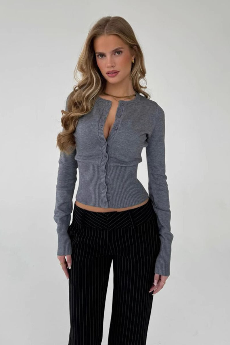 Women's Ribbed Knit Button Front Fitted Cardigan – Round Neck Cropped Long Sleeve Knit