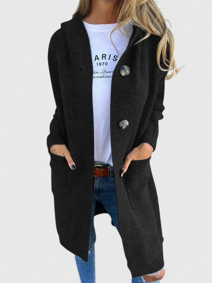 Women's Ribbed Knit Hooded Duster Cardigan – Longline Button Front Coatigan with Pockets
