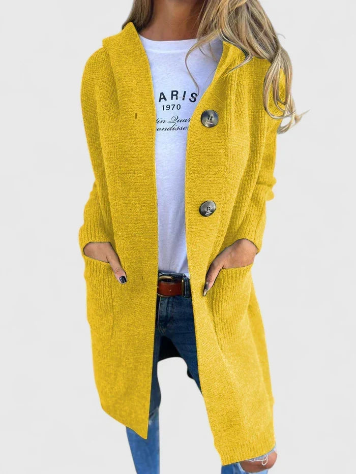 Women's Ribbed Knit Hooded Duster Cardigan – Longline Button Front Coatigan with Pockets